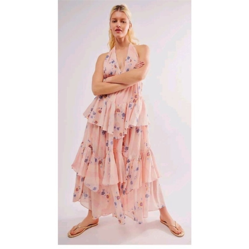 New Free People Stop Time Maxi Dress‎ Sz M Halter Coquette Pink Cotton Tiered